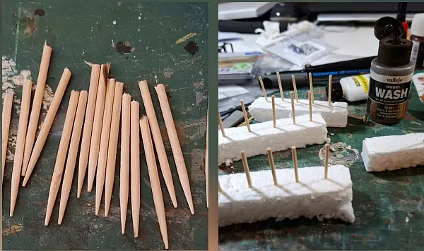 Obarvené sloupky zapíchnuté do polystyrenu při schnutí